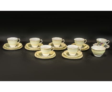 Colclough China Set of Six Pastel Yellow with Gilt Trim Cups and Saucers together with Sugar Bowl and 1 odd floarl cup &amp; 