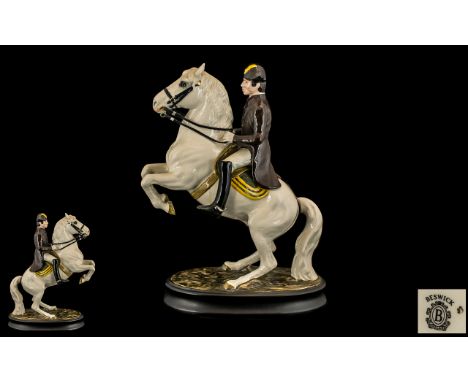 Beswick Hand Painted and Early Figure of a Horse and Rider ' Lipizzaner with Rider ' 2nd Version - Oval Base. Model No 2467. 