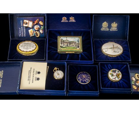 Halcyon Days Enamels.  Good collection of enamel pill boxes and pocket watch, all in very good condition.  Limited edition, o