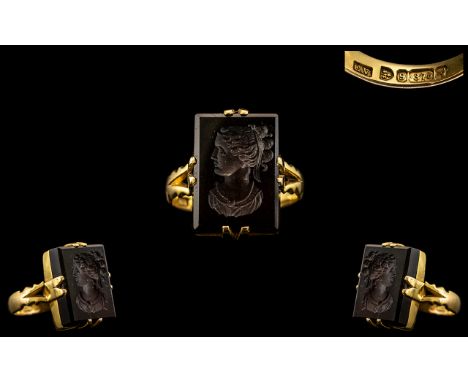 Grand Tour Interest. Antique Period Nice Quality Carved Amethyst Intaglio Dress Ring, Of Rectangular Form, Mounted In a 9ct G