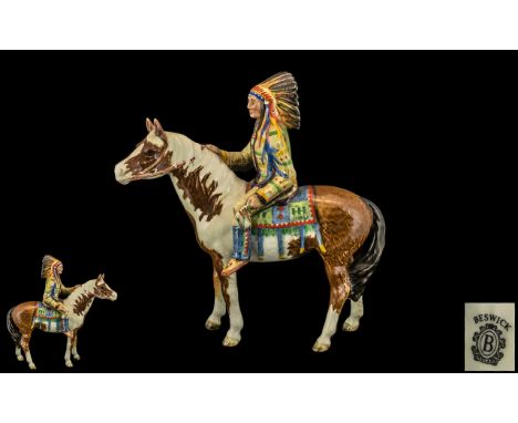 Beswick Hand Painted Mounted Indian Chief on Horseback ' Mounted Indian ' Model No 1391, Designer Mr. Orwell. Issued 1955 - 1