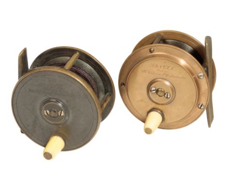 ARMY &amp; NAVY STORES: AN ALL BRASS RAISED CHECK FLY REEL with ivorine handle and smooth brass foot, reel size 3"; and an Ar