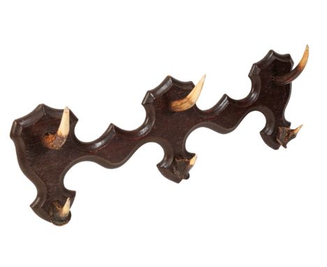 AN EDWARDIAN ANTLER AND OAK WHIP RACK for six whips