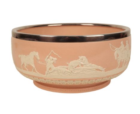 A COPELAND FRUIT BOWL with stag hunting scenes and a nickel silver rim, stamped Copeland to the base and Q89, 25cm dia.