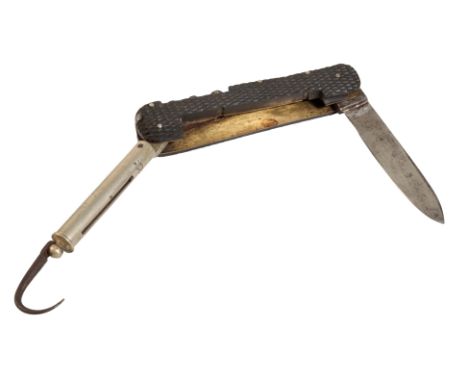 AN EDWARDIAN STEEL AND EBONISED CHECKED FISHING KNIFE with fishing scales, tweezers and other gadgets, 11cm long