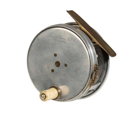 ARMY &amp; NAVY STORES: A POLISHED ALLOY TROUT FLY REEL with ivorine handles, smooth brass foot and brass tension screw to th