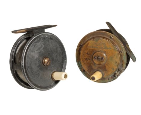 ARMY &amp; NAVY STORES: AN ALL BRASS PLATE WIND SPECIAL PATENT TROUT FLY REEL with ivorine handle, smooth brass foot and tens