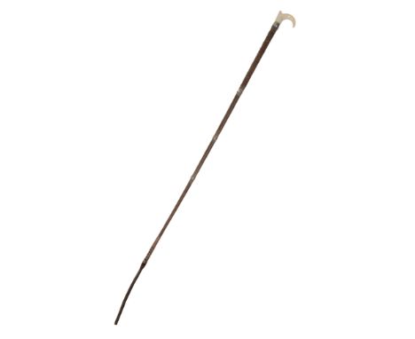 A VICTORIAN LADY'S SIDE SADDLE WHIP with ivorine top, silver double collar and platted cord shaft