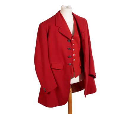 A HUNTSMAN JACKET by Bernard Weatherill Ltd, London, dated 2nd 49, with signature hunt buttons, with embossed decoration of a