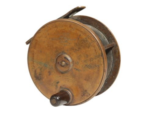 ARMY &amp; NAVY STORES: AN ALL BRASS PLATE WIND SALMON FLY REEL with brass perforated foot and ebonised handle, reel size 3.5