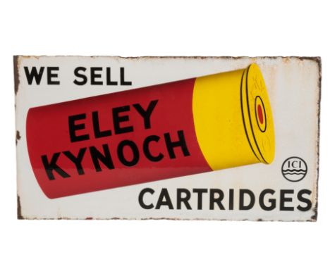 ELEY KYNOCH: A RARE VINTAGE ENAMEL DOUBLE-SIDED GUN SHOP ADVERTISING SIGN with inscription "We sell Eley Kynoch cartridges", 