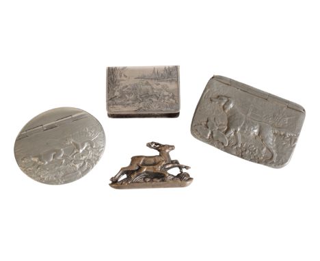 JAMES DIXON &amp; SONS, SHEFFIELD: TWO NICKEL-PLATED SNUFF BOXES with embossed sporting scenes; a silver-plated match striker