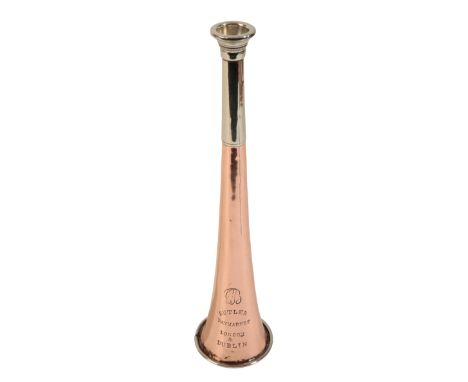 BUTLER OF HAYMARKET, LONDON &amp; DUBLIN: A COPPER AND NICKEL SILVER PLATED HUNTING HORN 22cm long