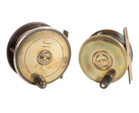 J.D. DOUGALL, GLASGOW: A BRASS AND EBONITE SALMON REEL with nickel silver rim, smooth brass foot and horn handle, reel size 3