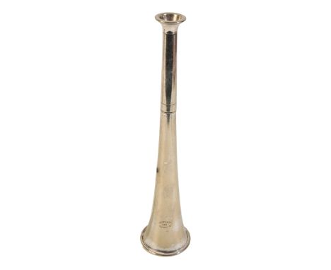 A NICKEL SILVER HUNTING HORN by Shipley, 181 Regent Street, London,  33cm long