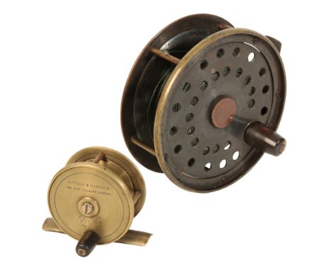 WATSON &amp; HANCOCK, 308 HIGH HOLBURN, LONDON: AN ALL BRASS PLATE WIND TROUT REEL with smooth brass foot and ebonised handle