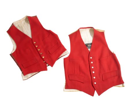 TWO HUNTING WAISTCOATS, West of England Cloth Strachan &amp; Co. Ltd, Stroud, with mother o'pearl buttons and brass buttons (