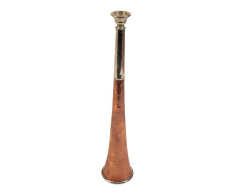 S. ARTHUR CHAPPELL, 52 NEW BOND STREET, LONDON: A NICKEL SILVER AND COPPER HUNTING HORN 25cm long
