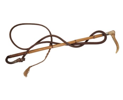SWAINE &amp; ADENEY LTD, LONDON: A LADY/CHILD'S HUNTING WHIP with antler and bamboo shaft and leather thong, silver hallmarks