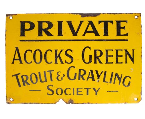 A VINTAGE ENAMEL WALL SIGN inscribed "Private. Acocks Green. Trout and Grayling Society", 20cm x 30cm