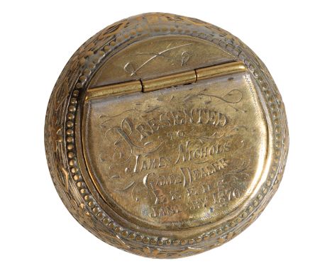 A BRASS FLORAL ENGRAVED SNUFF BOX inscribed to the lid "Presented to James Nicholls, Game Dealer, Leeds, January 1876"