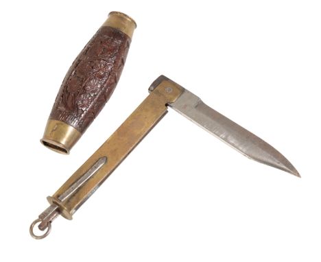 A SWEDISH STEEL AND CARVED HARDWOOD BRASS BANDED FOLDING HUNTING KNIFE 11cm long