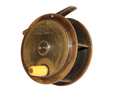 ARMY &amp; NAVY STORES: A BRASS PLATE WIND SPECIAL PATENT FLY REEL with ivorine handle, smooth brass foot, reel size 4", circ