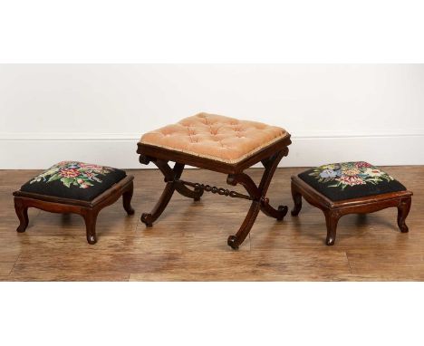 Near pair of footstools with tapestry covers on square mahogany frames, 35cm wide x 17.5cm x 35cm deep and a rosewood footsto