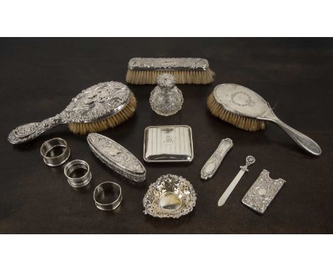 Collection of miscellaneous silver and silver plated ware including: silver mounted dressing table brushes, hairbrushes etc, 