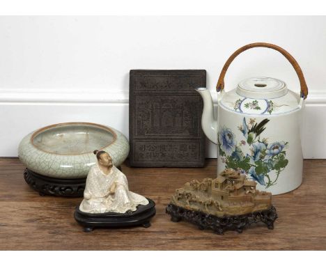 Group of pieces,Chinese and Islamic, including a crackleware bowl, on a carved stand, 26cm, a large teapot with a wicker hand