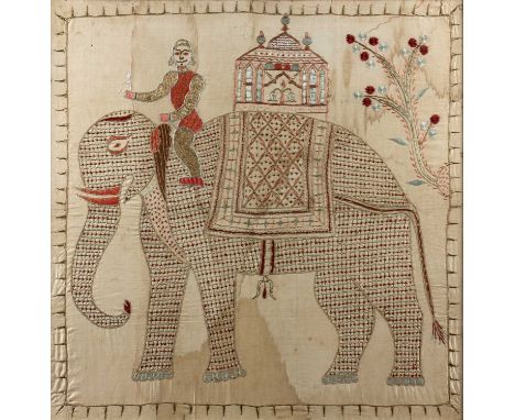 Large silk and metal thread study of an elephant, rider and howdahIndian, marked to the reverse ' 1st World War tapestry' 80c
