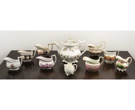 Group of porcelain milk jugsEnglish, 19th Century including Coalport, Derby, lustre, and other factories and a large Coalport