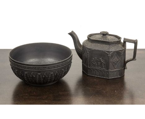 Wedgwood black basalt bowlwith raised acanthus leaf decoration, 20.5cm diameter x 9.5cm high, and a basalt teapot, 24cm long 