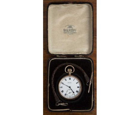 George V 9ct gold cased pocket watchin original fitted retailers case on a later unassociated leather strap, the white enamel