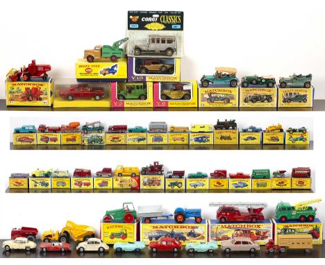 Collection of Matchbox and Lesney diecast model cars including a boxed G-2 Transporter set, models of yesteryear boxed cars, 