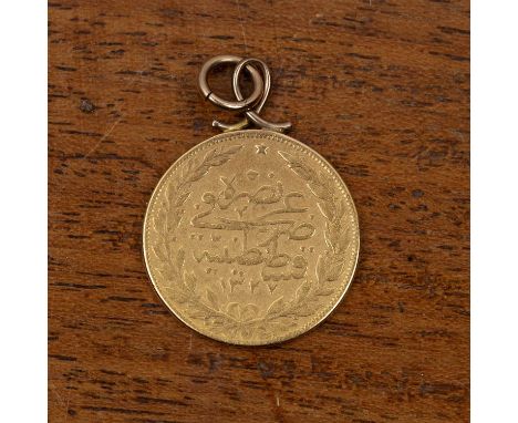 Turkish 100 Kurush AH1327 year 9 (1918 AD), gold coin, with later added pendant mount and o ring, 8g approx overallAt present