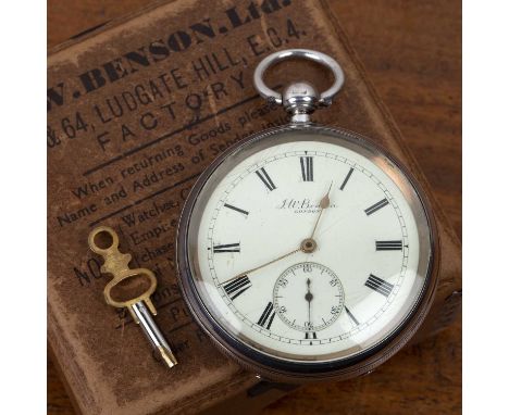 J. W. Benson silver pocket watchthe white enamel dial with Roman numerals and subsidiary dial, marked 'J. W. Benson, London',