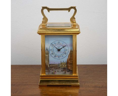 Halcyon Days carriage clockwith an enamel dial depicting a view of St Mark's Square, Venice, 13cm high overall, with keyIn go