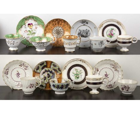 Group of porcelain teacups and saucers and a trioEnglish, 19th Century, including monochrome pattern, pair of Worcester examp