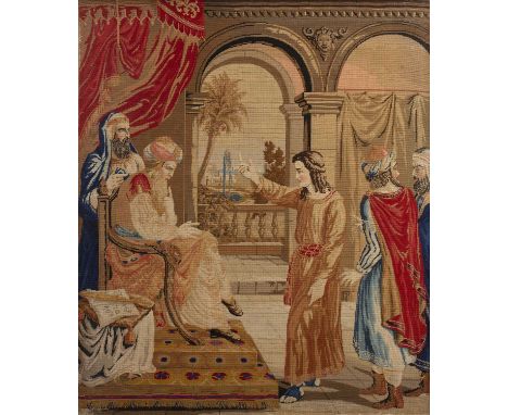 Berlin woolwork tapestry panelwith a ceremonial scene, worked in coloured threads, 77cm x 65.6cmSome display wear to the fram
