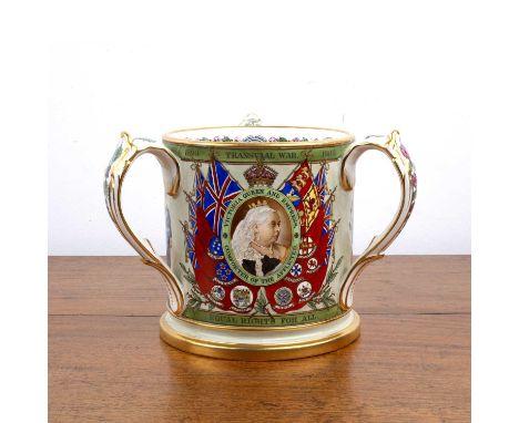 Copeland Spode ceramic tyg Commemorating the Boer War, one panel depicting the portrait of Queen Victoria, the second with po