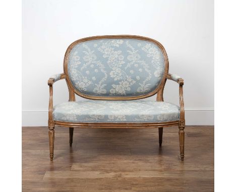 French Louis XVI style canape sofa on beech frame with blue and white floral brocade upholstery, 100cm wide overall x 92cm hi