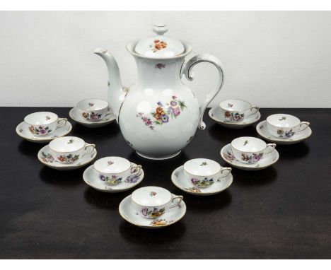 Set of nine Herend cabinet cups and saucers decorated with flowers and gilt decoration and a Rosenthal large tea or coffee po