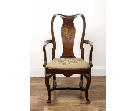 Walnut armchairmid 18th Century, having a splat back, hoof feet and stretcher supports and with a tapestry seat, 109cm high x