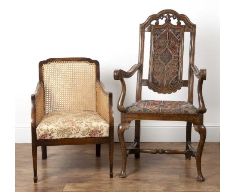 Walnut framed hall chairSpanish, with a tapestry seat and back, 61cm wide x 118cm high and a stained beech frame bergere chai