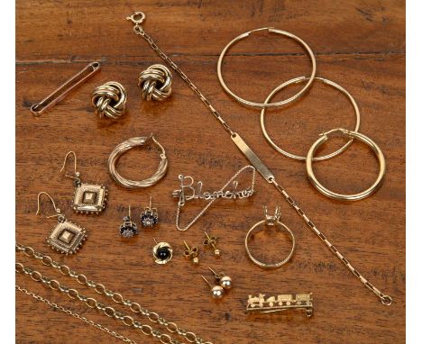 Collection of miscellaneous gold jewellery comprising of: a 9ct gold link necklace chain, 9g approx overall, pair of 9ct gold