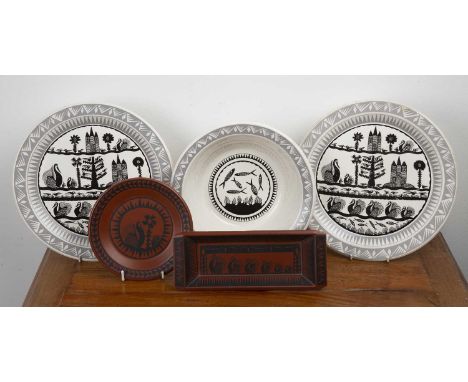 Scottie Wilson (1888-1972) for Royal Worcester collection of ceramics including two plates, 25cm across, a large bowl, 23cm a