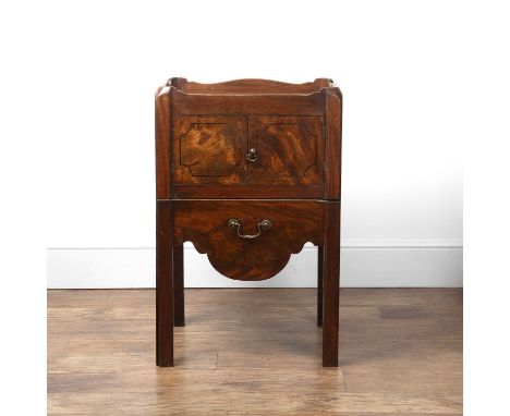 Mahogany commode with galleried top George III, two doors above a pull our commode section, with brass handles, 51cm wide x 7
