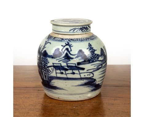 Blue and white ceramic ginger jar and coverChinese, 19th Century, unmarked, 17cm high overallWith some damages and minimal gl