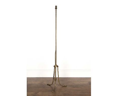Brass standard lamp 20th Century, with repeating scrolling motifs, standing on a tripod base, 149cm high approx overallPlug h
